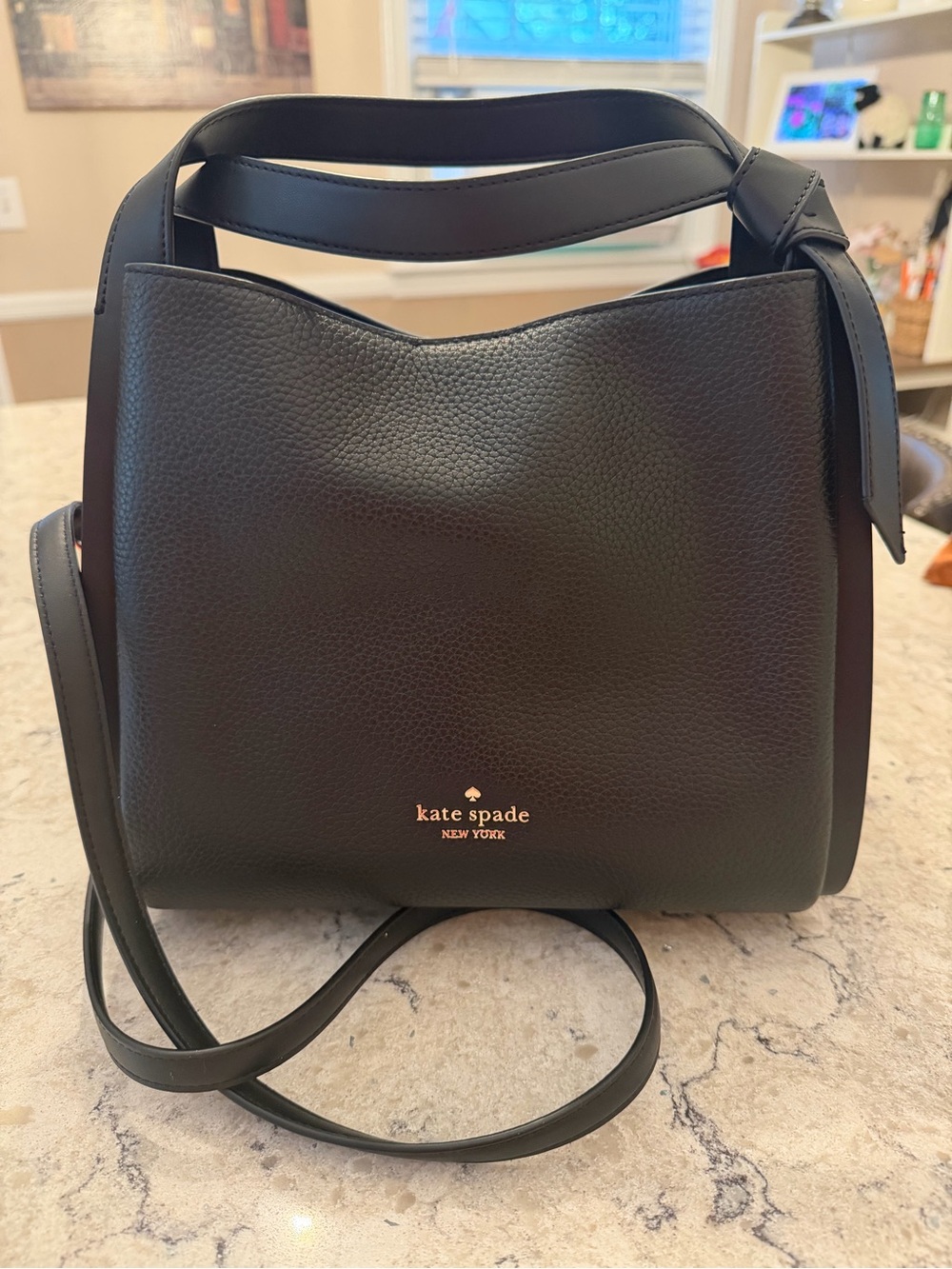 kate spade Black Pebbled Leather Bucket Shoulder Bag with Gold Logo Accent